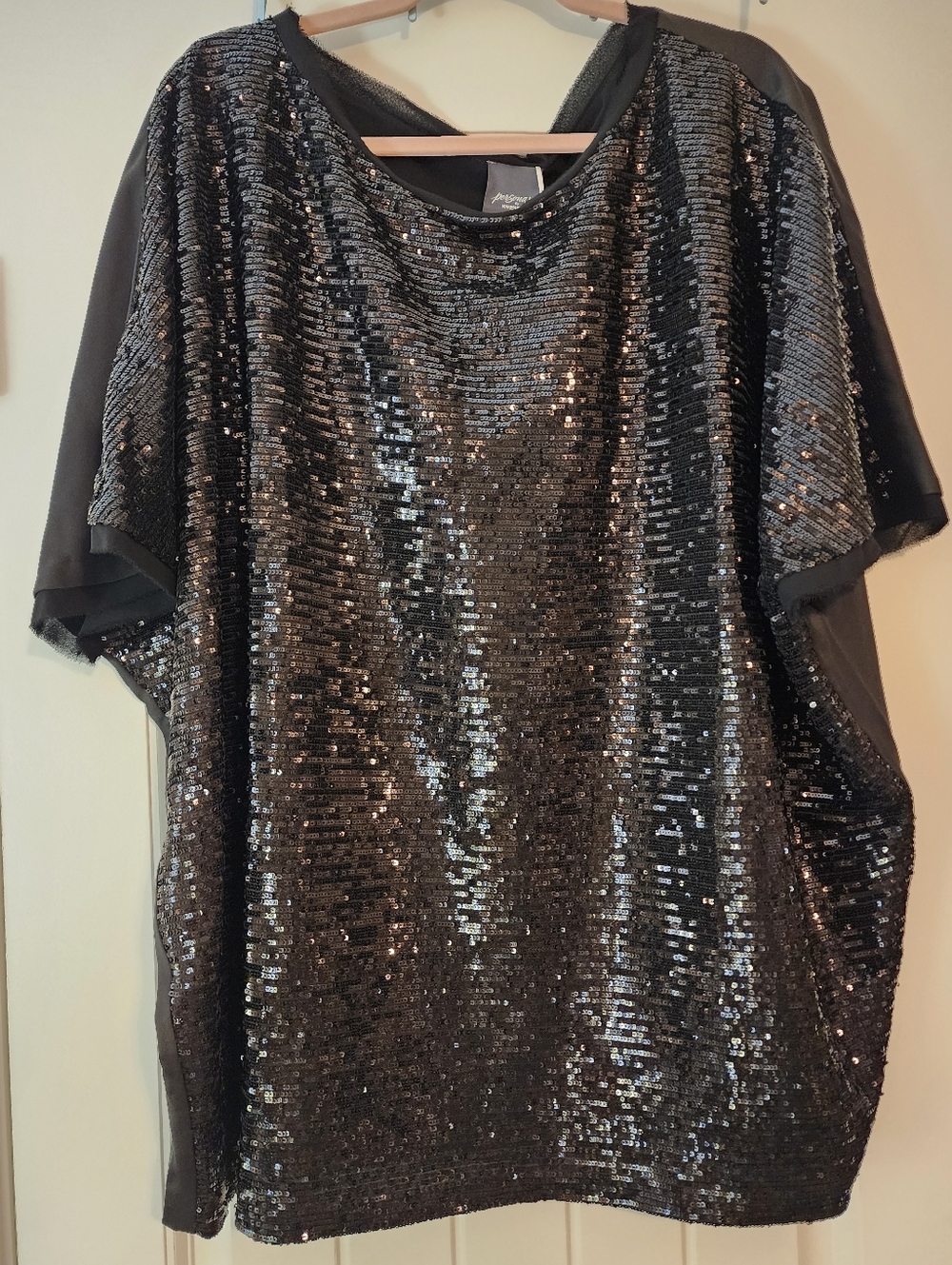 Persona By Marina Rinaldi Black Sequin Short Sleeve Party Top NWT $325 Sz 22